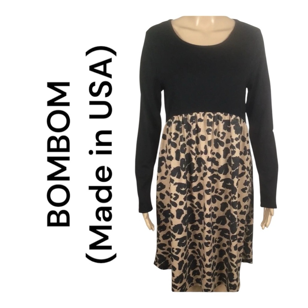 BOMBOM Black & Animal Print Long Sleeved Stretchy Dress, Medium